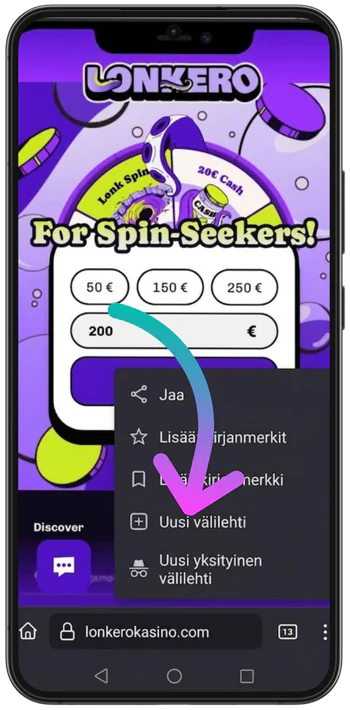 Lonkero Casino Jaa painikkeen valinta Android laitteella