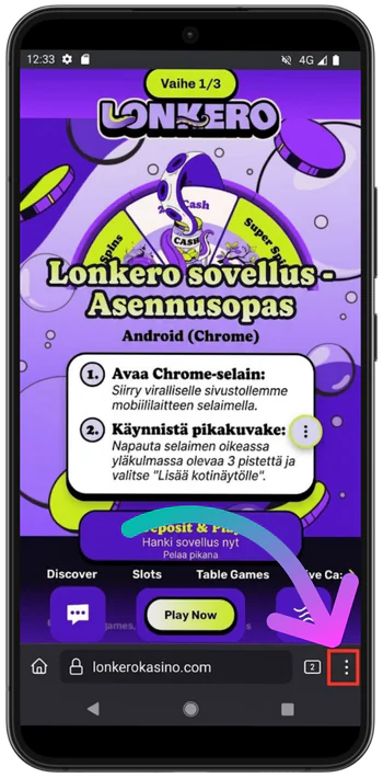 Lonkero Casino Chrome valikon avaaminen Androidilla