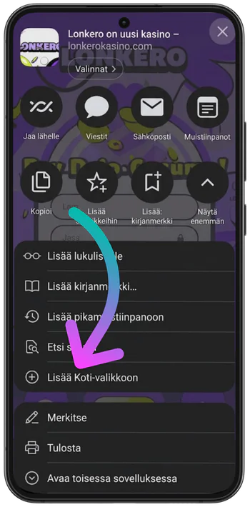 Lonkero Casino lisaa Koti valikkoon valinta Androidilla